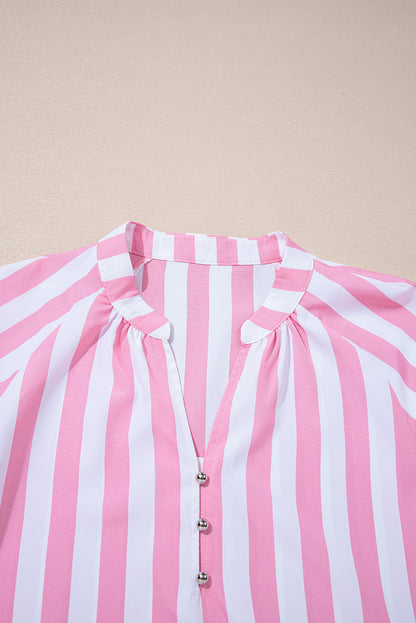 Rose Stripe Split Neck Button Decor Front Puff Sleeve Blouse