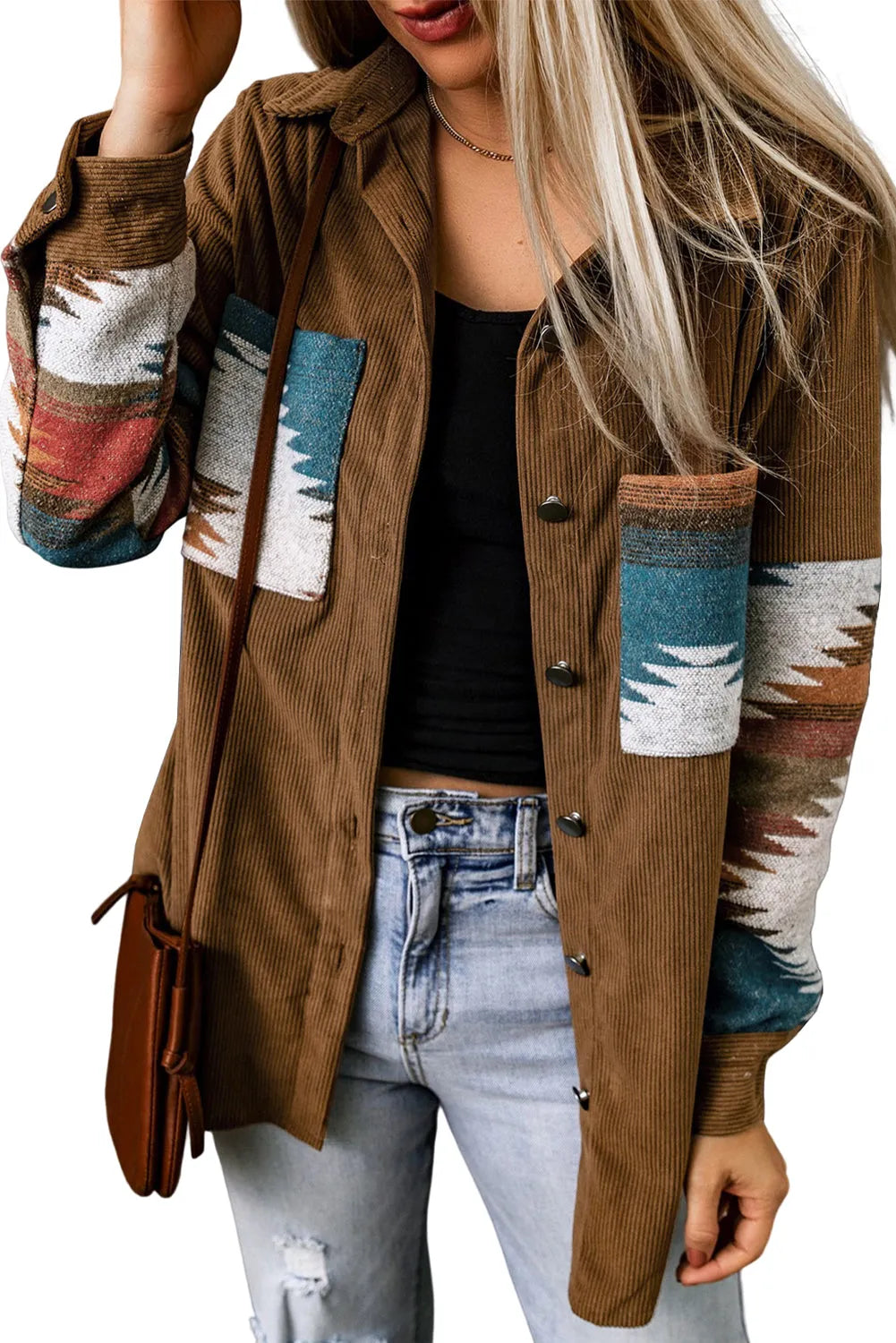 Khaki Aztec Pattern Corduroy Shacket - Chic Meadow Boutique 