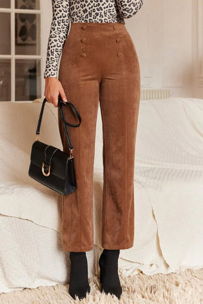 Chestnut Solid Color Double Breasted Straight Leg Pants - Chic Meadow Boutique 