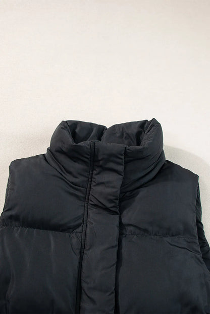 Black Windproof Longline Full Zipper Puffer Vest with Pockets - Chic Meadow Boutique 