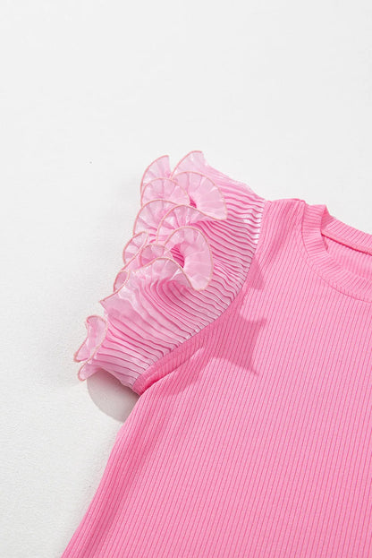 Strawberry Pink Ruffled Pleated Mesh Sleeve Ribbed Knit Slim Fit T Shirt - Chic Meadow Boutique 