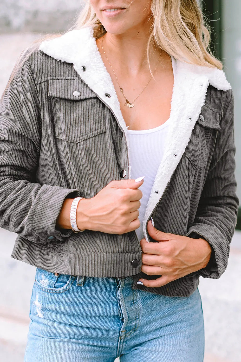 Gray Corduroy Sherpa Snap Button Flap Jacket - Chic Meadow Boutique 