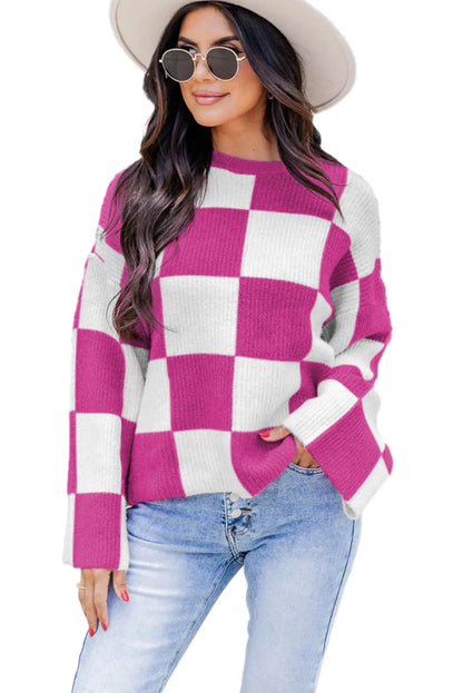 Bright Pink Checkered Round Neck Baggy Sweater - Chic Meadow Boutique 