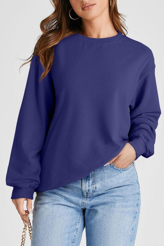 Tops/Sweatshirts & Hoodies Navy Blue / S / 50%Polyester+50%Cotton Navy Blue Plain Drop Shoulder Crewneck Pullover Sweatshirt