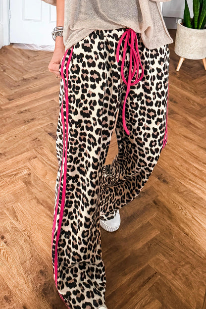 Rose Contrast Detail Tie Waist Leopard Print Casual Pants