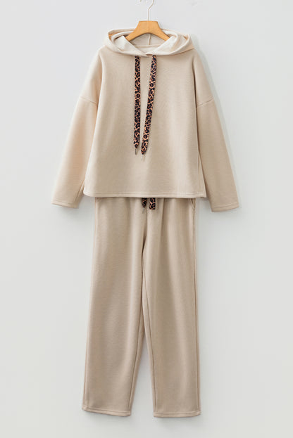 Parchment Leopard Drawstring Pullover Hoodie and High Waist Pants Corduroy Suit