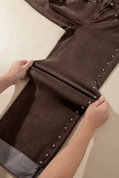 Coffee Studded Detail Straight Leg Casual Loose Jeans