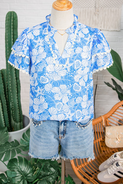 Sky Blue Oceanic Floral Print Scalloped Trim V Neck Short Sleeve Blouse