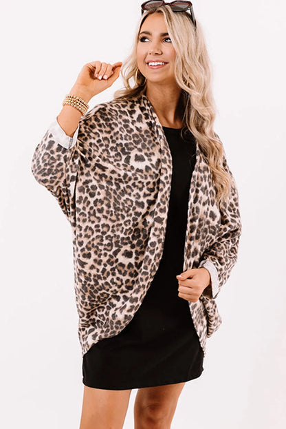 Khaki Leopard Print Batwing Sleeve Loose Tunic Cardigan - Chic Meadow Boutique 