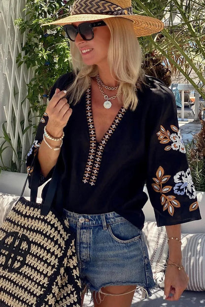 Black Bohemian Floral Embroidered V Neck Blouse - Chic Meadow Boutique 