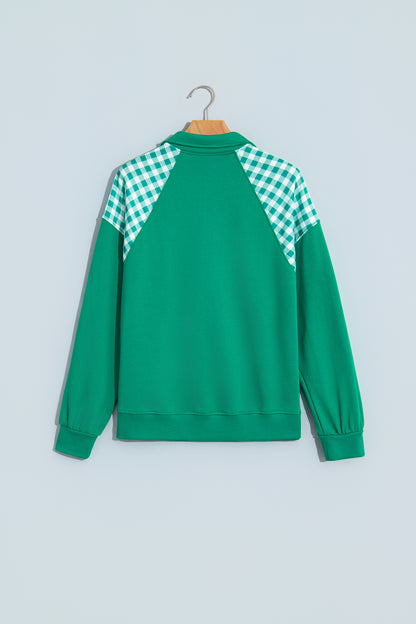 Dark Green Patchwork Plaid Pocket Quarter Zip Sweatshirt