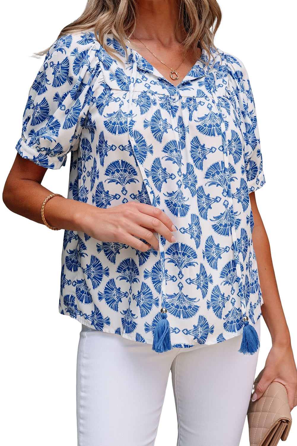 Sky Blue Geometric Print Tassel Drawstring V Neck Blouse