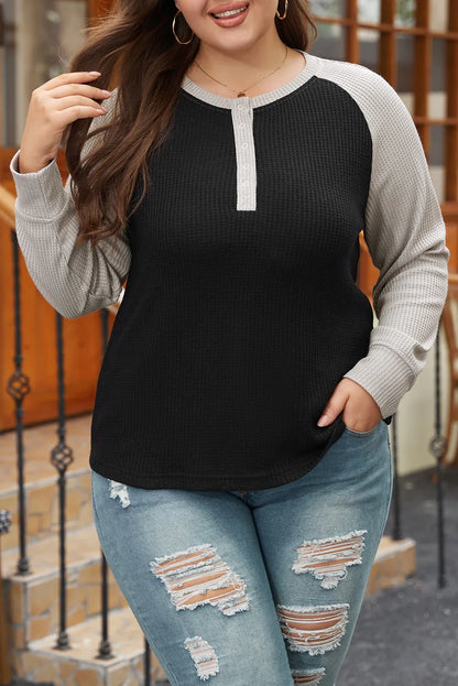 Black Color Contrast Waffle Knit Buttoned Plus Size Top - Chic Meadow Boutique 