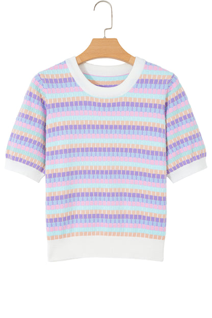 Purple Abstract Striped Knit Short Sleeve Sweater
