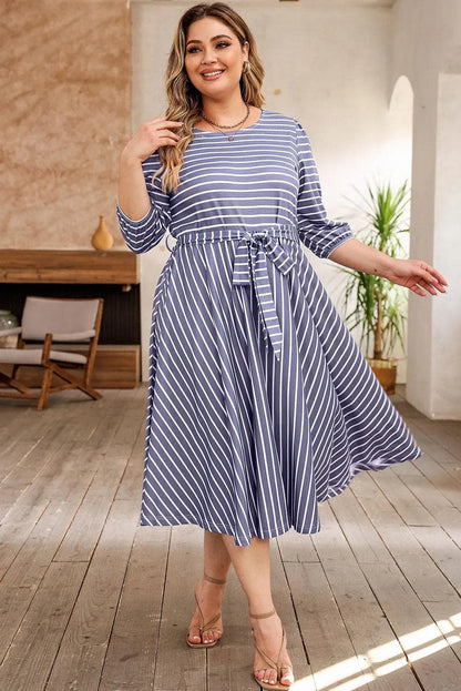 Plus Size/Plus Size Dresses/Plus Size Midi Dresses Gray Striped Tie Waist 3/4 Sleeve Plus Size Dress