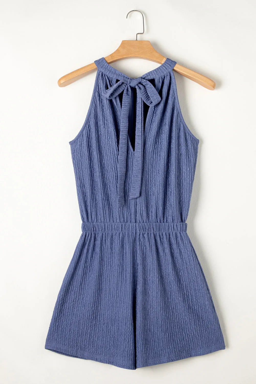 Bluing Knot Back High Neck Crinkle Textured Romper - Chic Meadow Boutique 