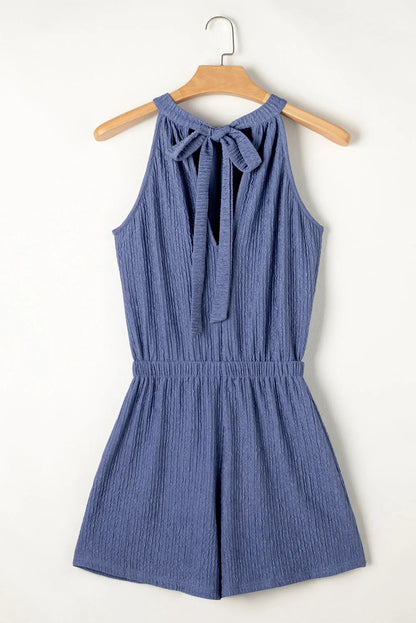 Bluing Knot Back High Neck Crinkle Textured Romper - Chic Meadow Boutique 