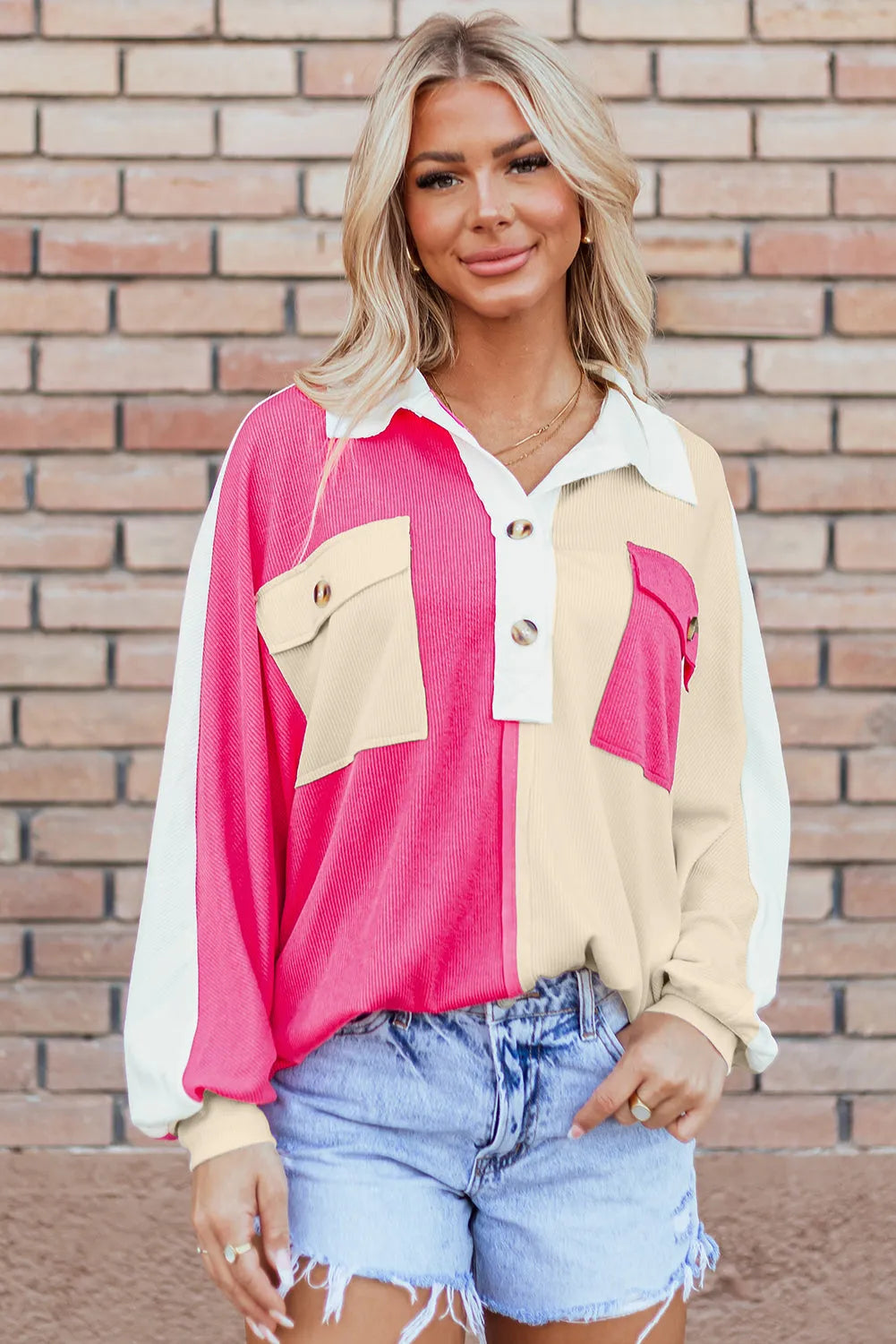 Rose Red Colorblock Ribbed Collared Oversized Sweatshirt - Chic Meadow Boutique 