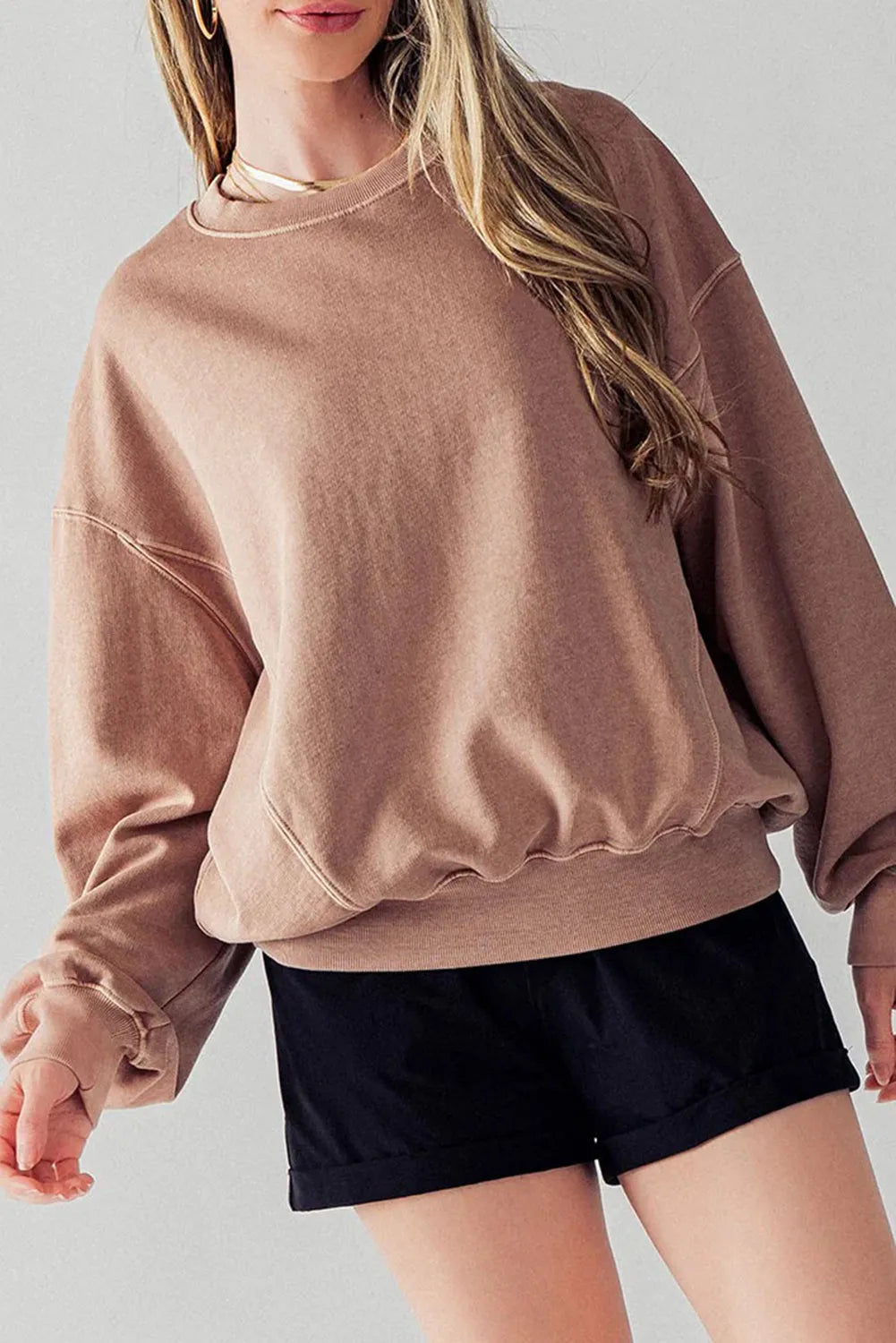 Chestnut Exposed Seam Batwing Sleeve Drop Shoulder Sweatshirt - Chic Meadow Boutique 