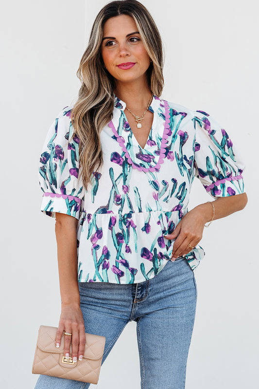 Purple Floral Ricrac Trim Half Sleeve Peplum Top