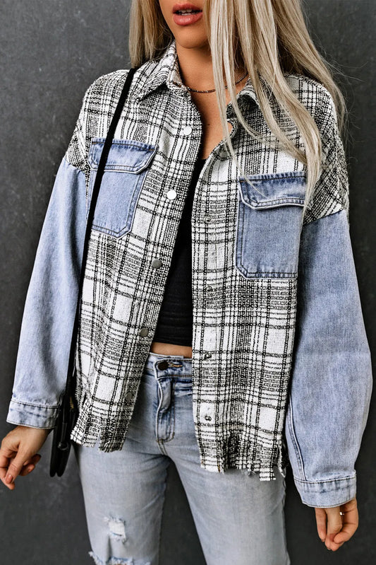 Sky Blue Plaid Patchwork Fringed Flap Pockets Denim Jacket - Chic Meadow Boutique 