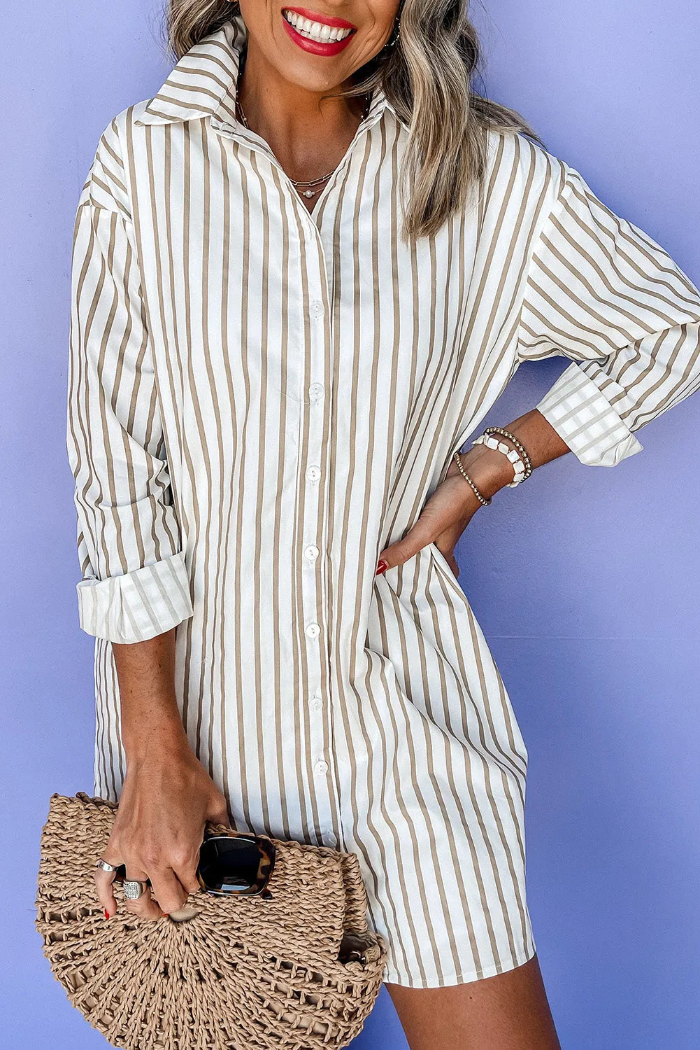 Khaki Stripe Long Sleeve Button Up Mini Shirt Dress - Chic Meadow Boutique 