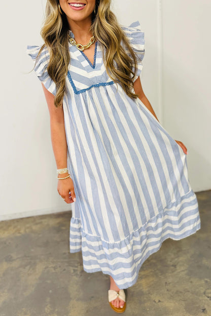 Sky Blue Stripe Subtle Lace Detail V Neck Ruffle Trim Casual Dress