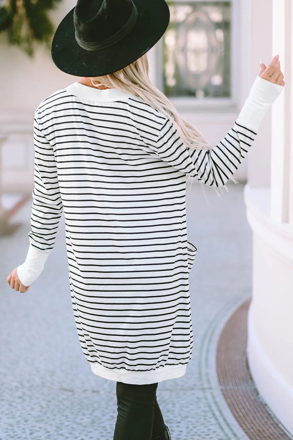 White Striped Side Pockets Open Front Cardigan - Chic Meadow Boutique 