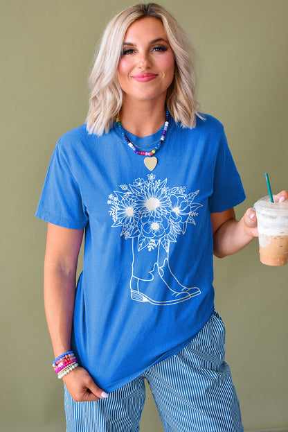 Blue Sunflower Boots Graphic Western Fashion T Shirt