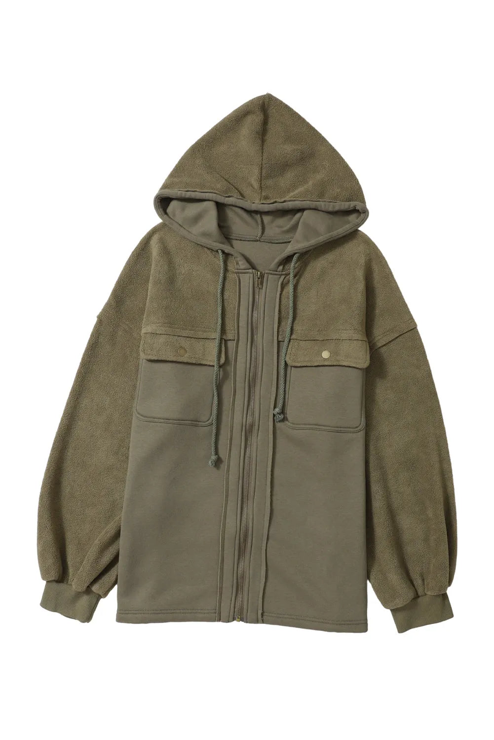 Outerwear/Jackets Green Flap Pocket Drawstring Hood Zip Up Jacket