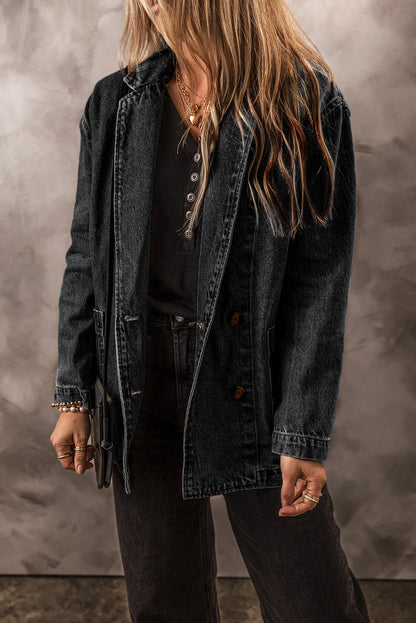 Black Side Pockets Lapel Collar Denim Jacket - Chic Meadow Boutique 