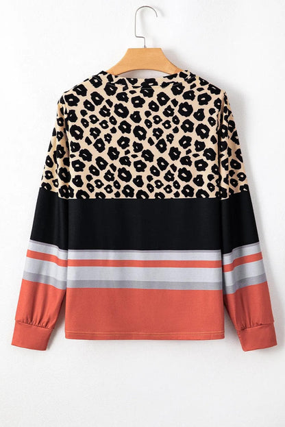 Tops/Long Sleeve Tops Khaki Leopard Color Block Crewneck Long Sleeve Top