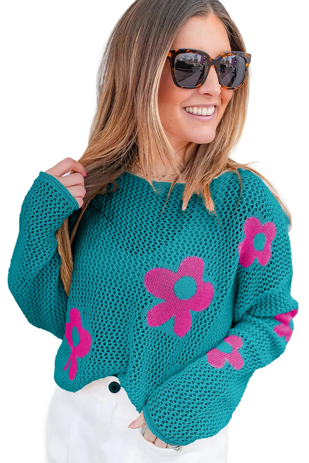 Sea Green Big Flower Hollowed Knit Drop Shoulder Sweater - Chic Meadow Boutique 