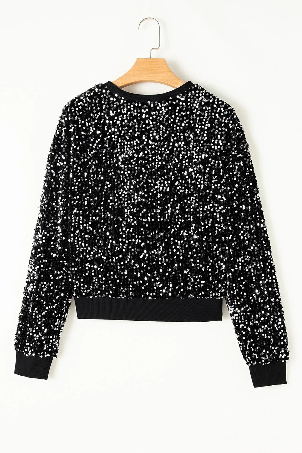 Black Sequined Long Sleeve Crew Neck Cropped Blouse - Chic Meadow Boutique 