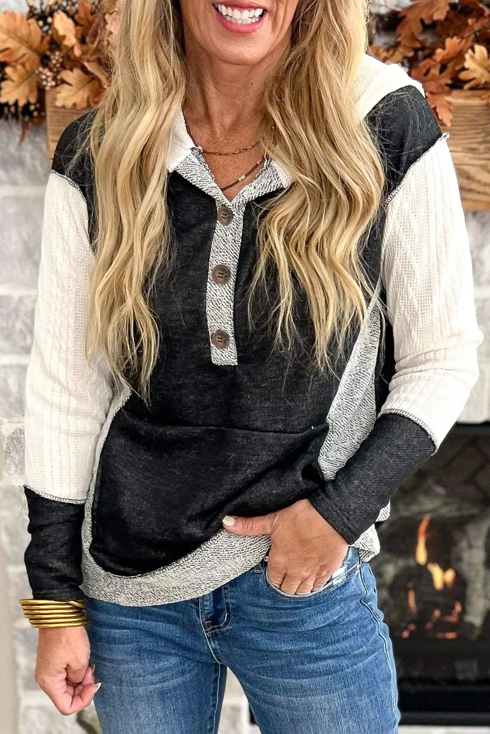 Black Color Block Textured Buttoned Kangaroo Pocket Hoodie - Chic Meadow Boutique 