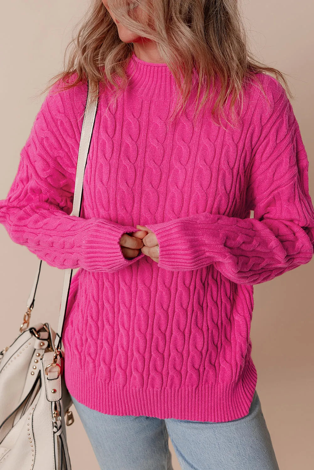 Rose Red Solid Cable Knit High Neck Drop Shoulder Sweater - Chic Meadow Boutique 