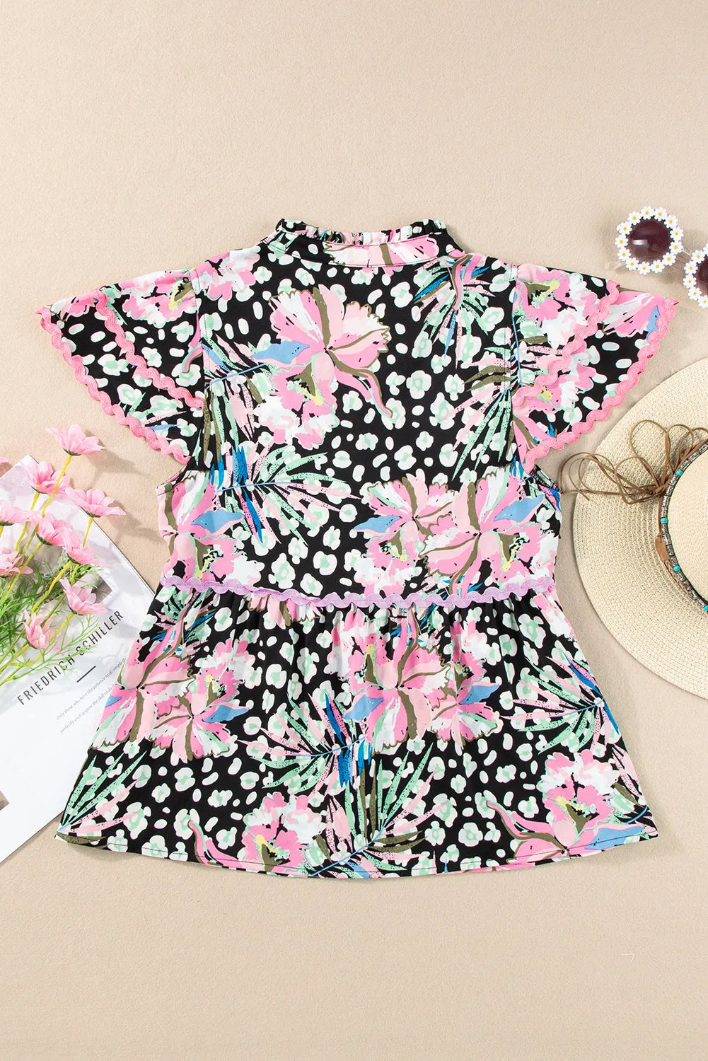 Tops/Blouses & Shirts Pink Ricrac Floral Tiered Short Sleeve Blouse