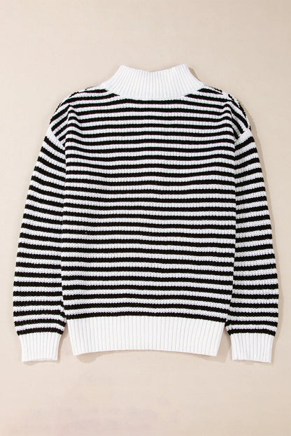 Black Stripe Zip up Collar Drop Shoulder Sweater - Chic Meadow Boutique 