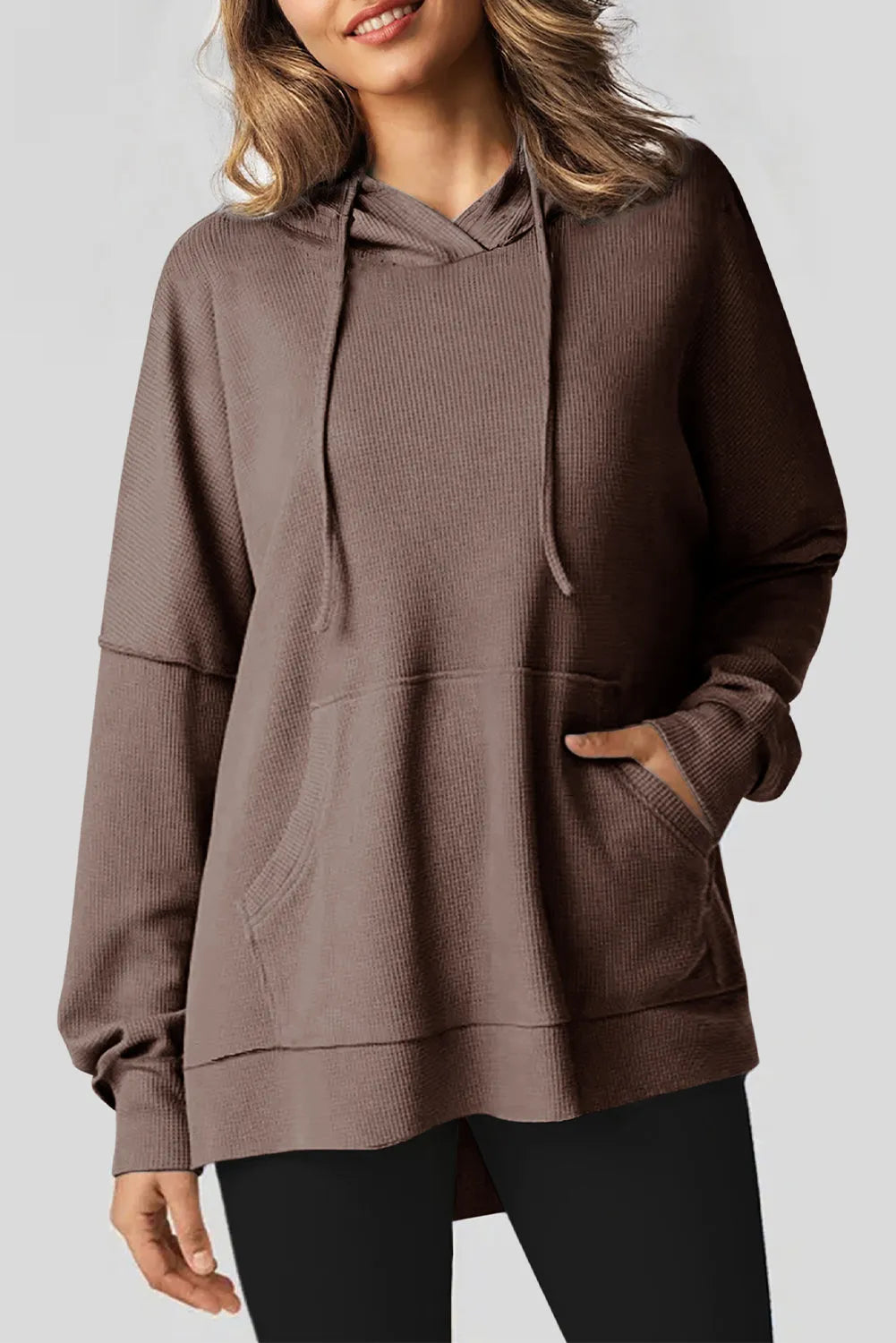 Coffee Waffle Knit Fleece Lined High Low Oversized Hoodie - Chic Meadow Boutique 