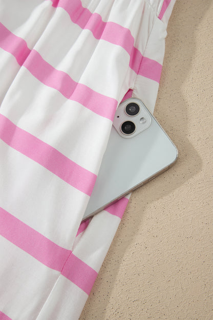 Pink Stripe Ricrac Trim Notched Neck Half Sleeve Vacation Dress