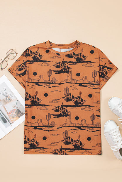 Chestnut Desert Sand Print Short Sleeve Knit Top