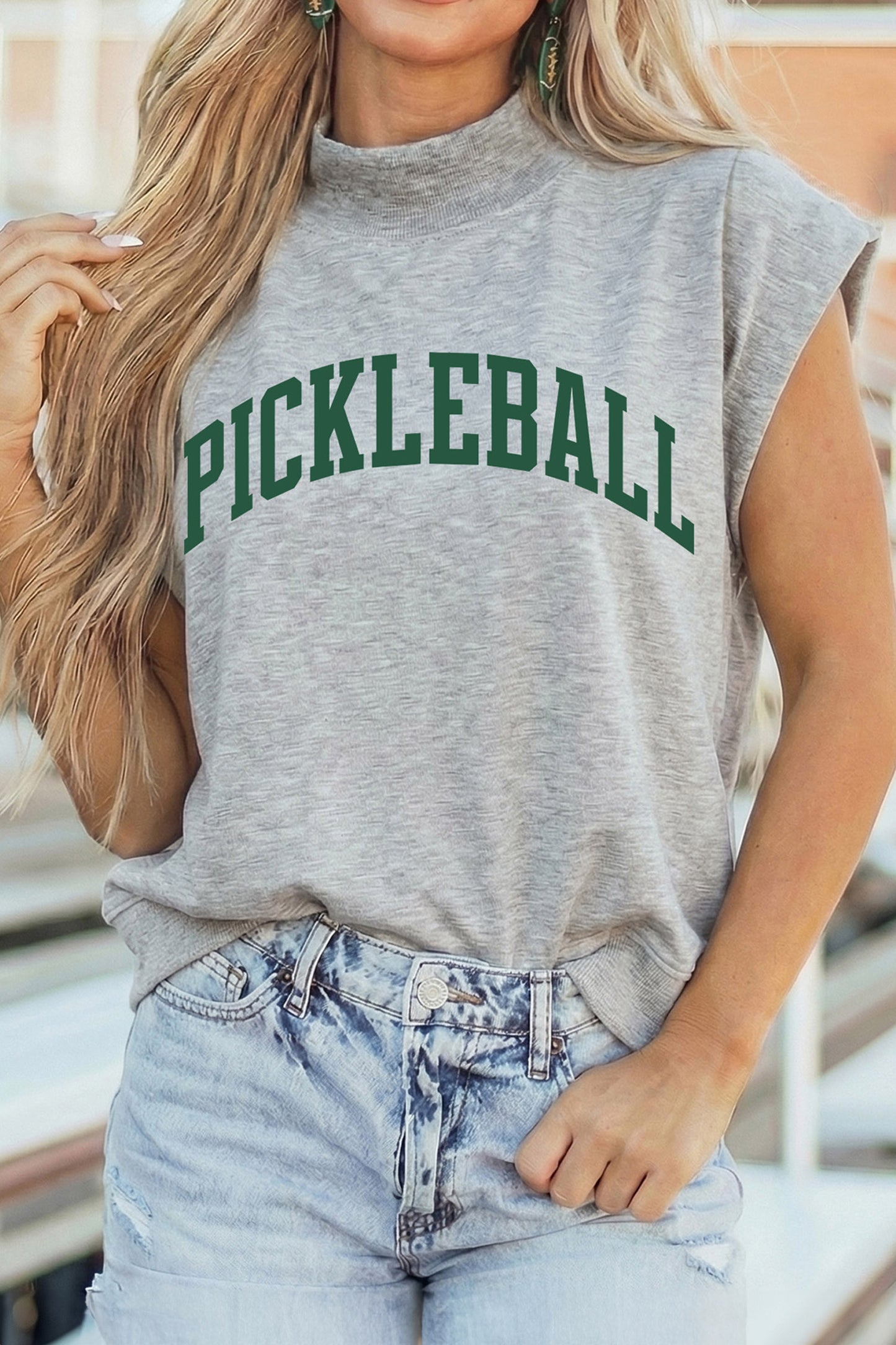 Light Grey PICKLEBALL Lettering Mock Neck Short Sleeve Top