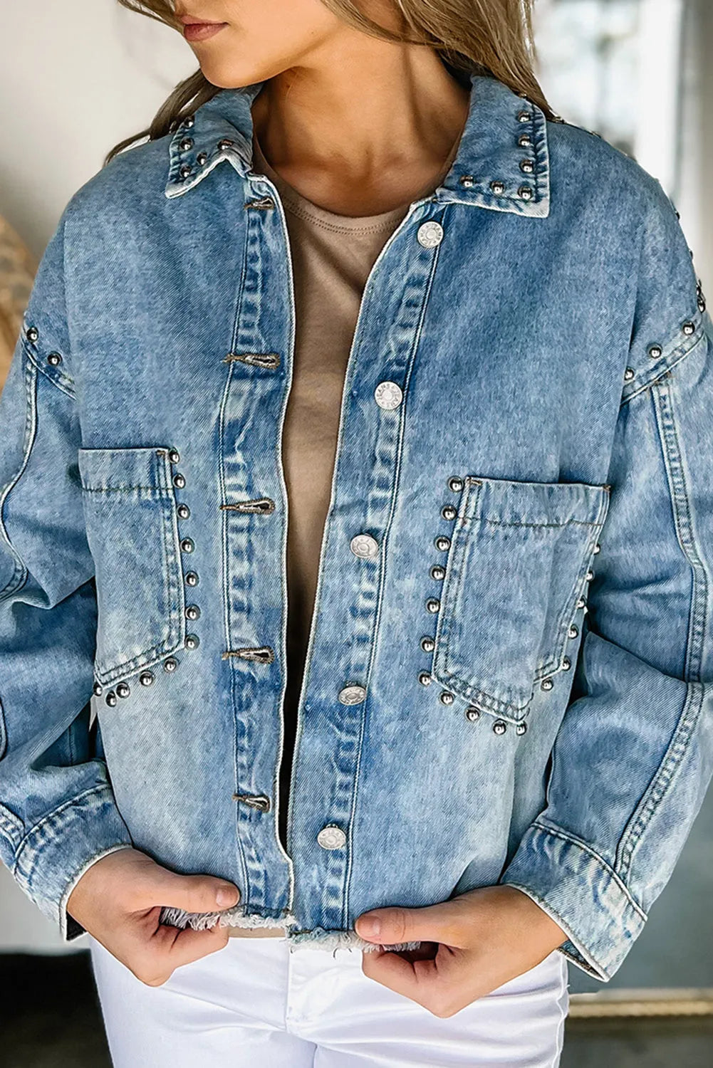 Sky Blue Studded Acid Wash Denim Jacket - Chic Meadow Boutique 