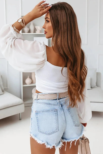 White Drawstring Front Sheer Puff Sleeve Crop Top - Chic Meadow Boutique 