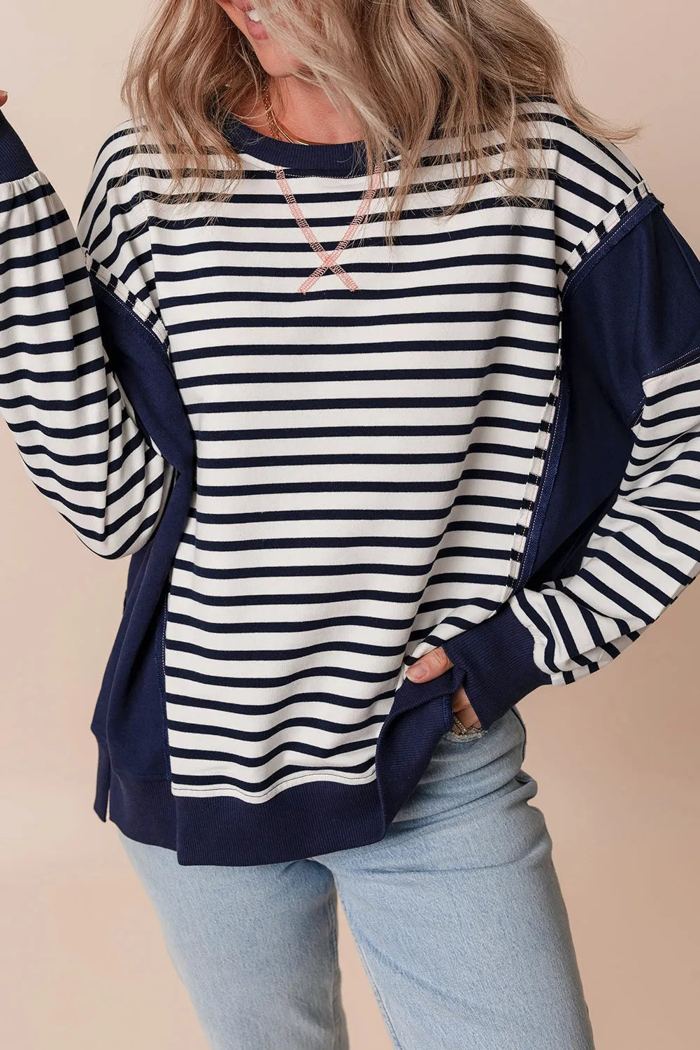 White Stripe Color Block Exposed Seam Loose Fit Sweatshirt - Chic Meadow Boutique 