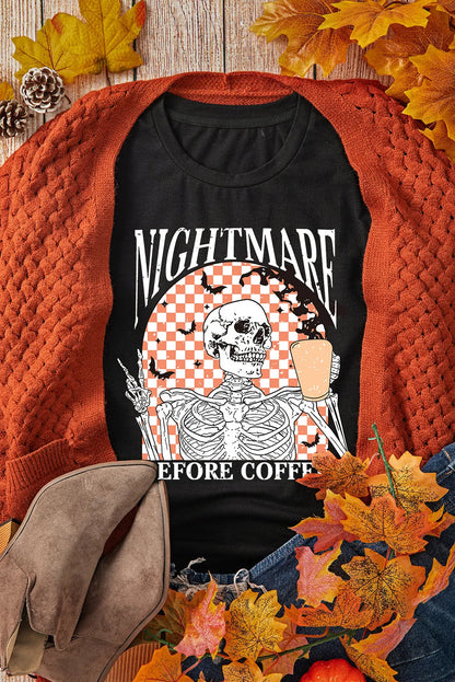 Black Nightmare Before Coffee Skull Checkerboard Graphic Halloween Tee - Chic Meadow Boutique 