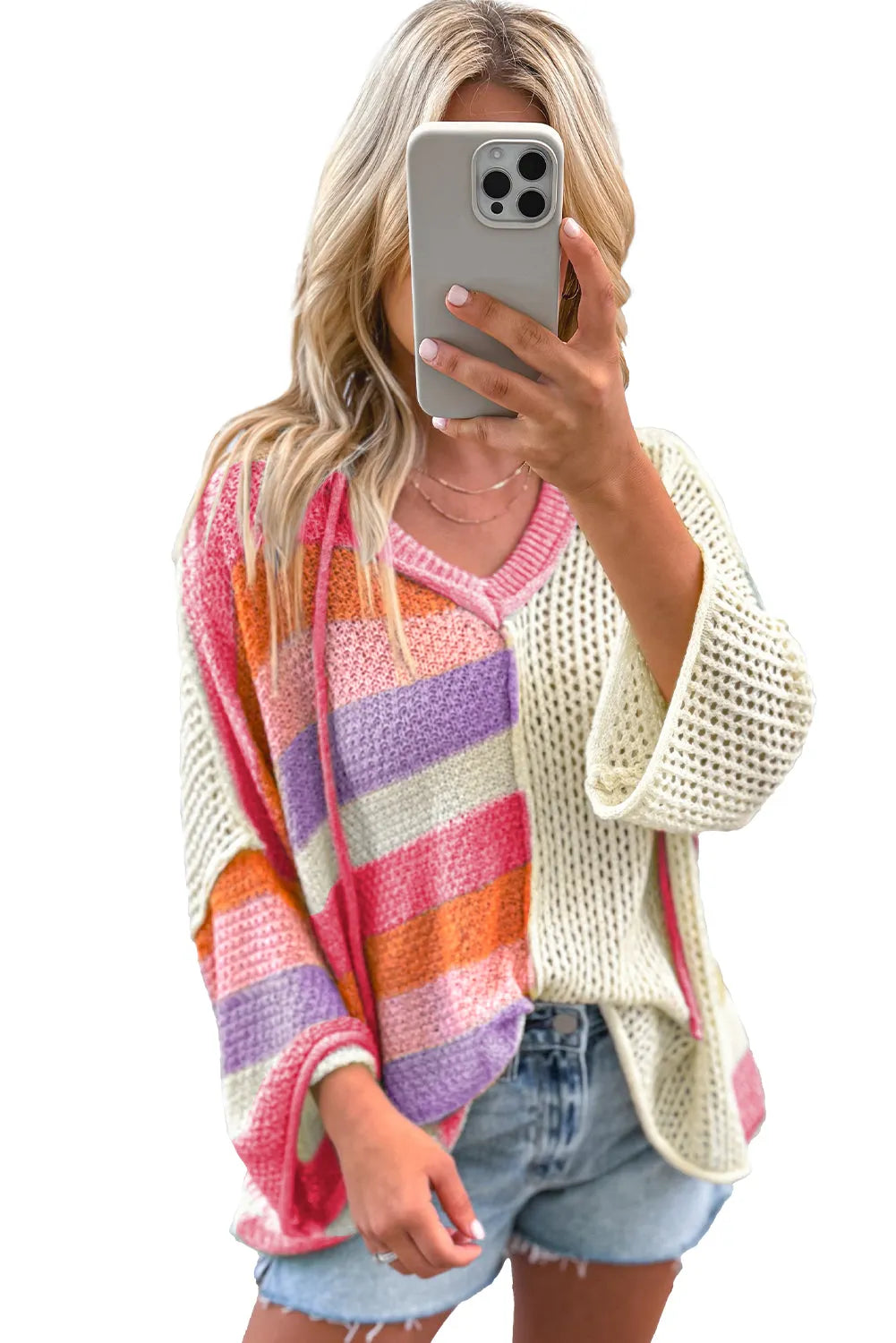 Pink Oversized Colorblock V Neck Hooded Sweater - Chic Meadow Boutique 