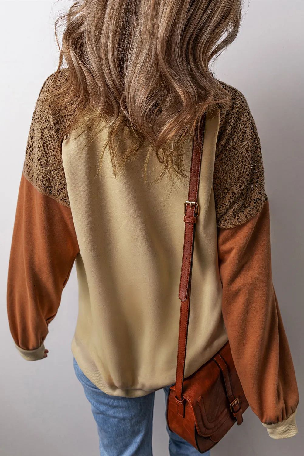 Khaki Lace Patchwork Colorblock Drop Shoulder Sweatshirt - Chic Meadow Boutique 