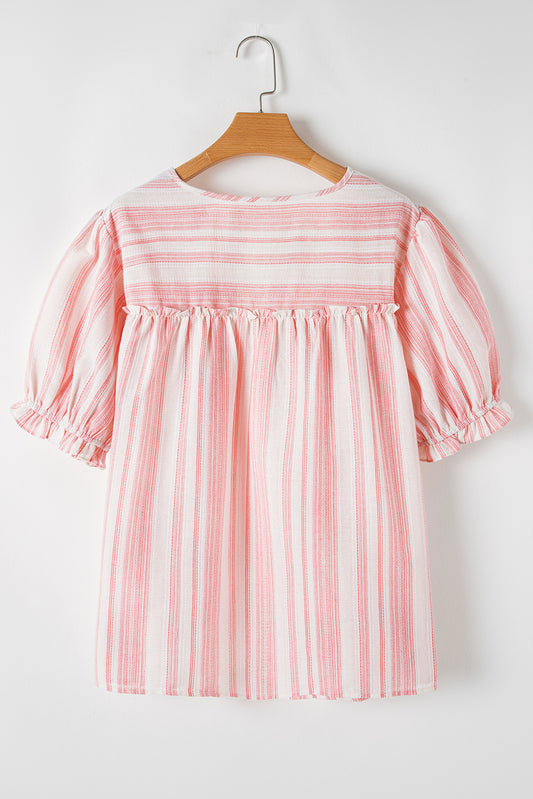 Pink Stripe Plus Size Tassel Tie Frilled Detail Short Sleeve Blouse