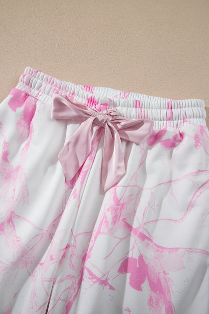 Pink Abstract Plant Print Long Sleeve V Neck Pant Set